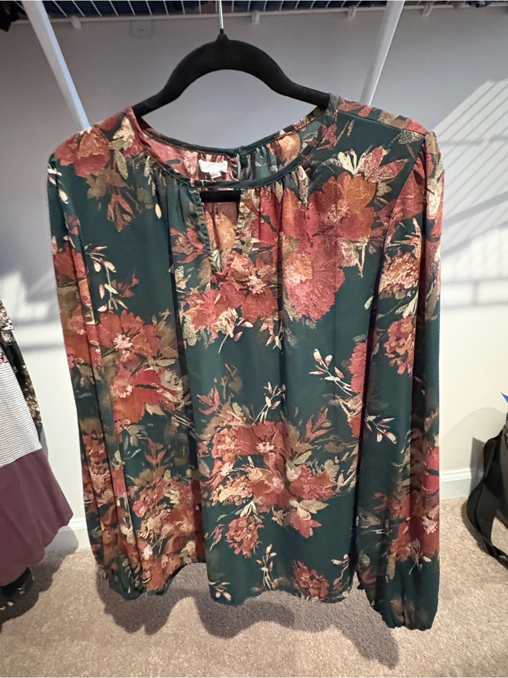 Maurices Forest Green Floral Long-Sleeve Blouse